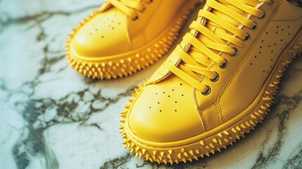 A pair of bright yellow sneakers with sharp spikes on the sole, ideal for outdoor activities or fashion photography