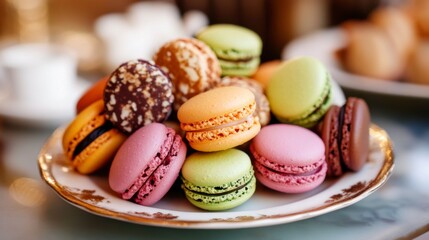 Sweet Indulgence: A vibrant and tempting array of macarons in a variety of colors and flavors are arranged on a delicate white plate, promising a delightful and decadent treat.