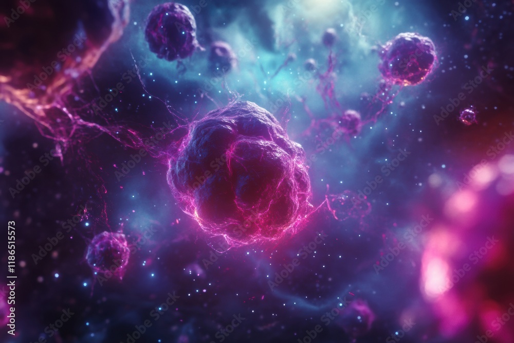 Poster glowing cancer cells in a surreal cosmic environment present a striking visual of cellular activity 