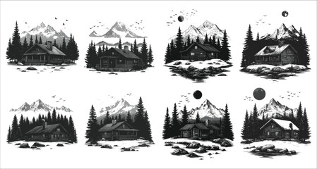 Winter mountain cabin with pine trees vector art. Forested mountain with a cozy house and pine trees. Snowy mountain cabin with pine trees vector. Mountain cabin with pine tree forest vector art