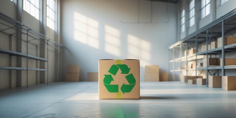 Cardboard Box with Recycling Symbol in Modern Warehouse Interior