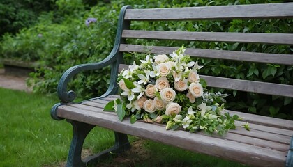bouquet of flowers resting on a bench in the middle of the greenery