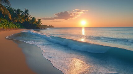 Obraz premium Tranquil morning beach sunrise with golden horizon and calm waves