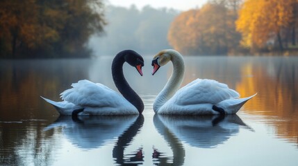 Romantic symbolism of black and white swans forming heart shape on tranquil autumn lake