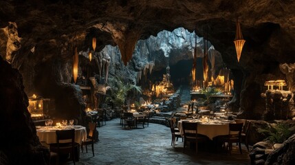 Fototapeta premium Cave Restaurant with Stone Walls and Hanging Lights