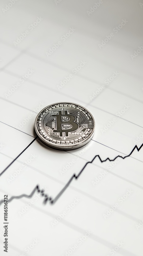 Poster silver bitcoin is placed on a rising graph, representing the growth and potential of cryptocurrency 