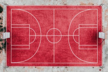 Aerial View of a Unique Red Basketball Court with Clear Lines