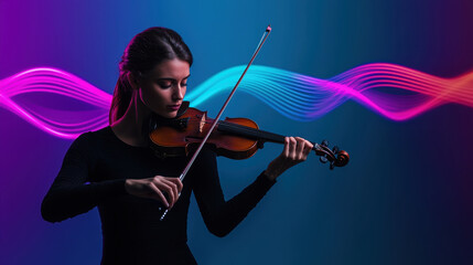 Fototapeta premium Musician woman performing violin on stage vibrant lighting live concert, copy space