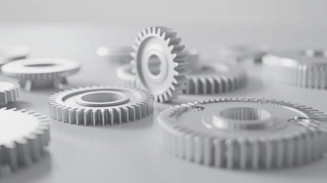 A minimalist 3D animation of smooth metal gears rotating on a white background, creating a calming, uniform mechanical effect with clean designs