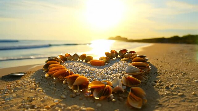 360-degree rotation video of heart-shaped arrangement of seashells on a sandy beach during sunrise, soft diffused, gentle, morning light, natural patterns, serene, beautiful mood