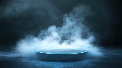 Flat minimalistic product display podium on the floor covered with liquid nitrogen with back lighting on dark background. AI generated photorealistic illustration of a marketing demo stage. illustrat