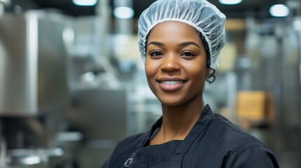 Confident Food Production Worker: A portrait of a smiling Black woman in a food production facility, wearing a hairnet and a dark uniform.  She exudes confidence and professionalism.