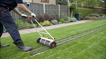 Scarifier in action, passing in straight lines over a lawn