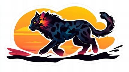 A stylized black panther runs across a vibrant sunset. This digital illustration features bold colors and dynamic movement.