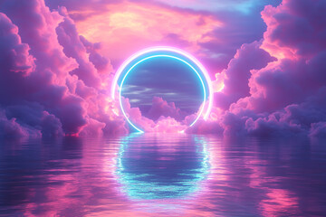 "Neon Circle Reflection on Water with Glowing Pink and Blue Clouds"