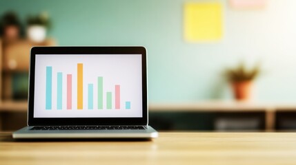 A laptop displaying colorful bar graphs on a wooden desk, set against a soft green background with decorative elements.