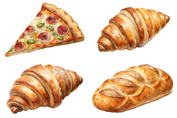 Delicious pizza slice, flaky croissants, fresh bread loaf, golden crusts, appetizing baked goods, food illustration.