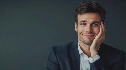 A Moment of Contemplation: A portrait of a young man in a suit, a contemplative expression on his face as he rests his chin on his hand, against a deep grey backdrop, conveying a sense of reflection.