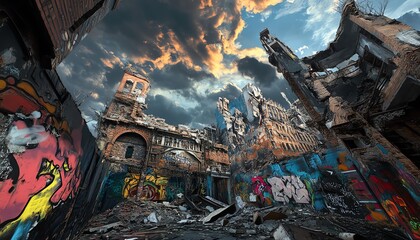 Dramatic wide angle shot of a graffiti-covered ruined building against a stormy sunset sky. Urban decay, destruction, and resilience captured in a single frame.