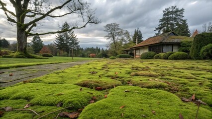 Lawn overgrown with moss and leaves