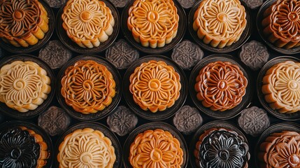 A display of Chinese mooncakes arranged on a table with intricate patterns on their golden crusts.