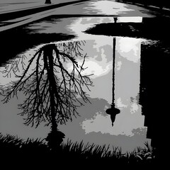 Silhouette of tree and lamppost in a water puddles reflection.