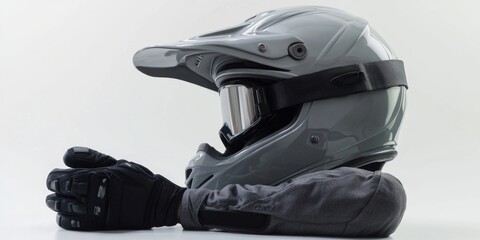 A close-up of a motorcycle helmet and gloves on a white background