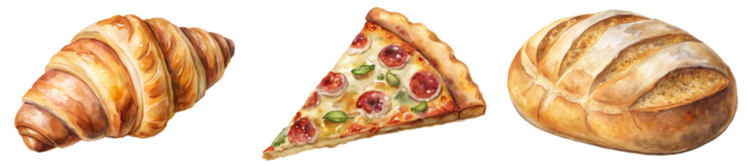 Fresh baked goods, delicious pastries, artisan bread, savory pizza slice, watercolor illustration, food art, culinary delights.