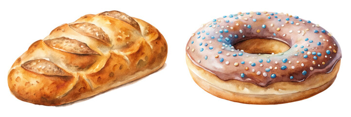 Fresh baked bread, delicious donut, watercolor illustration, bakery products, sweet treats, food art, culinary design.