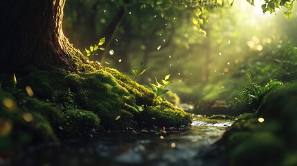 Sunlit forest stream flowing over moss-covered rocks.