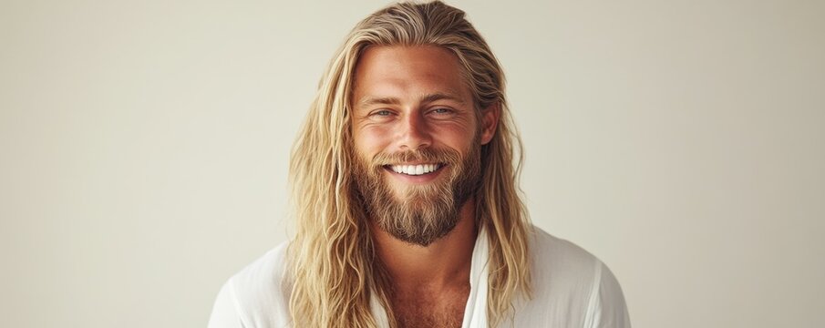Smiling man with long blonde hair and beard wearing a white outfit against a plain light background, projecting a positive and approachable vibe