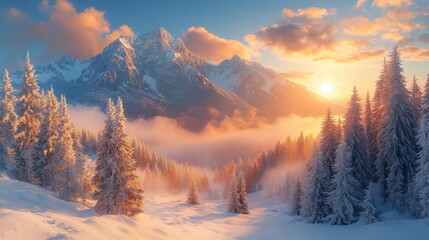 Majestic sunset over snow-capped mountains and frosty pine forest.