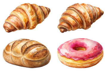 Fresh baked goods, watercolor illustration, croissants and donuts, delicious pastries, bakery art, food design.