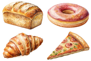 Fresh baked goods, watercolor illustration, delicious pastries, bread loaf, pink donut, croissant, pizza slice.