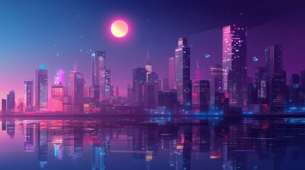 Obraz premium Futuristic Cityscape at Night with Neon Lights Reflecting on Water