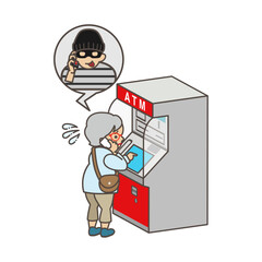 詐欺師とスマホで通話しながらATMを操作するシニア女性 - 特殊詐欺　主線あり