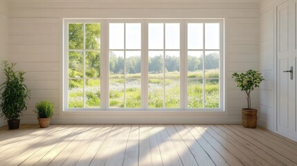Fototapeta premium Bright and Airy Room with Summer View Through Large Windows Surrounded by Lush Greenery and Natural Light