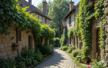 Fototapeta premium A charming stone alley, enveloped by lush greenery, situated in a tranquil village setting