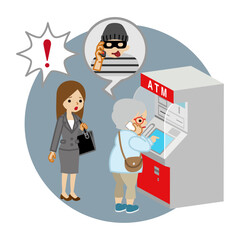 ATMを操作する高齢者を見て詐欺に気づくスーツを着た女性
