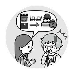 高齢者に振り込め詐欺の説明をするスーツを着た女性　主線あり　モノトーン
