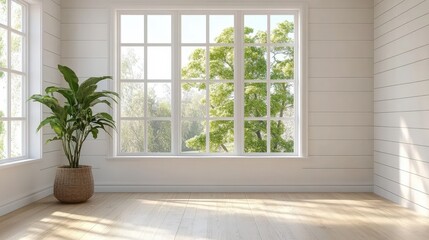 Fototapeta premium Bright and Airy Empty Room with Large Windows Showcasing Summer Greenery and Minimalist Design, Perfect for Interior Decoration Ideas