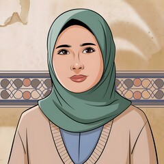 Neutral expression on woman wearing hijab/headscarf.