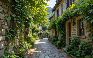Fototapeta premium A charming stone alley, enveloped by lush greenery, situated in a tranquil village setting