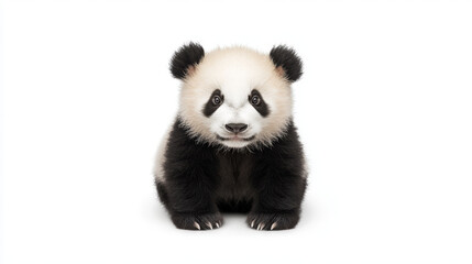 Naklejka premium Adorable panda cub, sitting, facing camera, white background.
