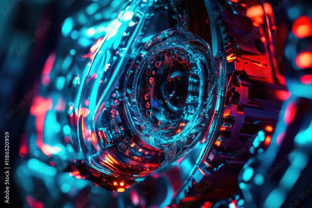Poster a close-up shot of a circular object with red and blue lights, suitable for use in tech or innovatio