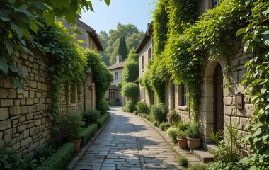 Fototapeta premium A charming stone alley, enveloped by lush greenery, situated in a tranquil village setting