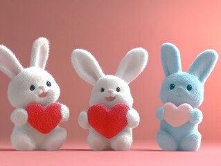 Fototapeta premium Cartoon bunnies with hearts. Valentine's Day