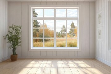 Fototapeta premium Bright and Serene Empty Room with Large Window Overlooking Lush Summer Landscape and Natural Light Streaming In