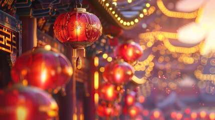 Chinese New Year lanterns, vibrant festival with red and gold lanterns, traditional Chinese architecture, celebratory atmosphere, detailed design elements