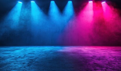 Naklejka premium Colorful Stage Lighting with Smoke Effects in Dramatic Setting